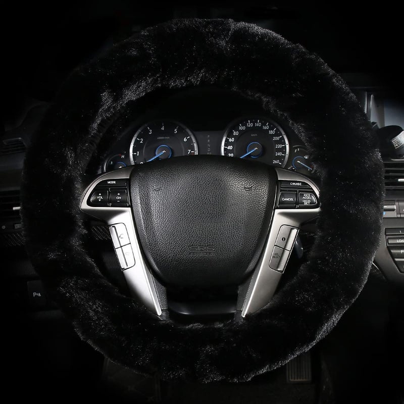 Cxtiy Warm Steering Wheel Cover with Handbrake Cover & Gear Shift Cover, Soft Fazzy Steering Wheel Wrap Faux Wool Fluffy for Winter 3 Pcs1 Set Fit Most of Car(Black) - Image 3